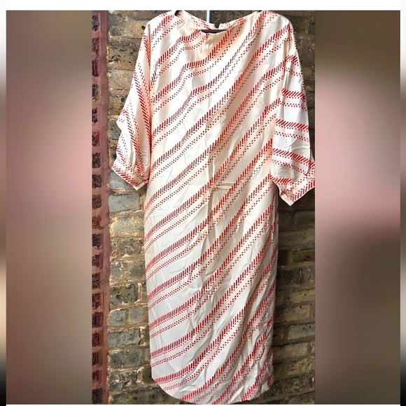 Pauline Trigère Vintage Silk Lined Bias Cut Midi Red and White Striped Size 8 - Picture 2 of 4